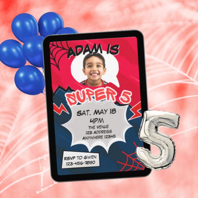 Convites Super 5 Red Black Web Comic 5th Birthday  (Criador carregado)
