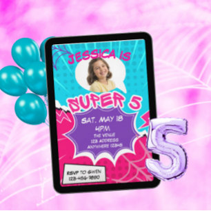 Convites Super 5 Rosa Roxo Web Comic Aniversário de 5 anos