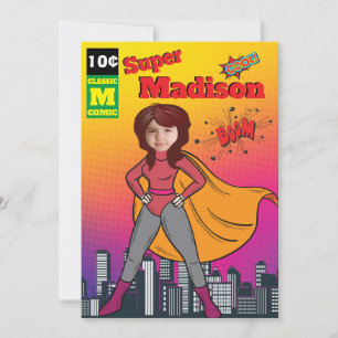Convites Super-Herói Birthday Girl Comic ⚡ Divertido Fab EU