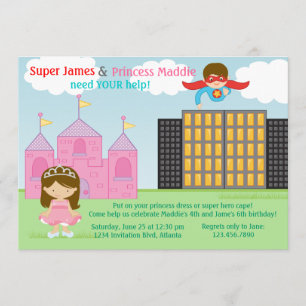 Convites Super Herói e Princesa Gêmeas Festa de aniversá