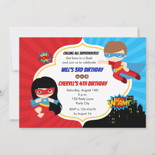 Convites Super-heróis Invites de Aniversário (Garota Gêmea) (Frente)