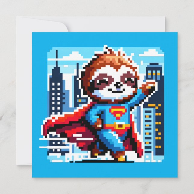 Convites Super Sloth Funny Pixel Art Hero Cityscape Design (Frente)