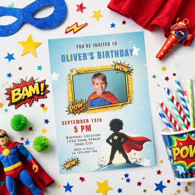 Convites Superhero Cartoon Boy Photo Birthday Party  (Criador carregado)