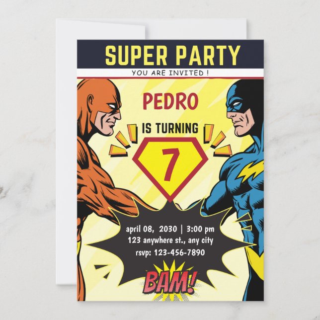 Convites Superhero Comic Book Birthday Party Invitation (Frente)