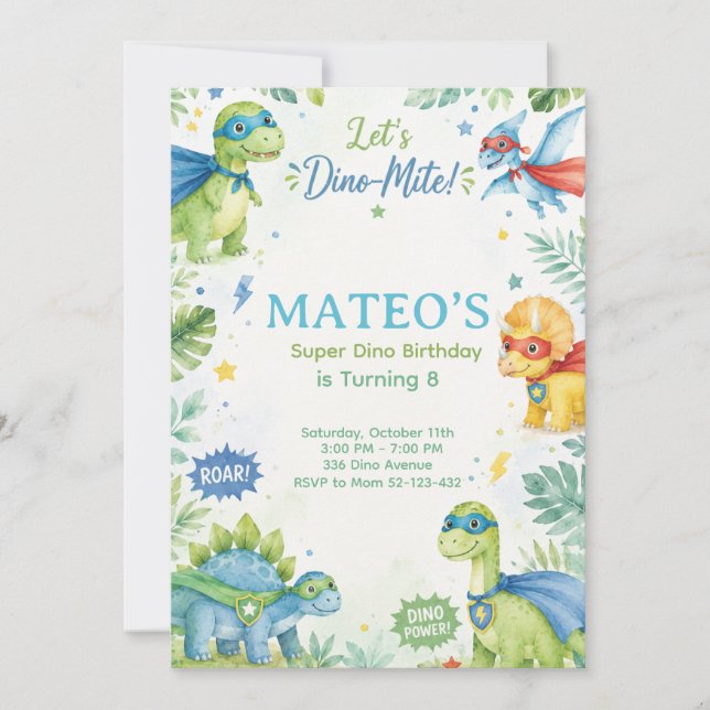 Convites Superhero Dinosaur Watercolor Birthday Party Paste (Frente)