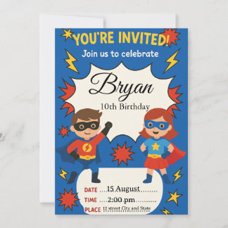 Convites Superhero Kids Birthday Invitation | Comic Style B