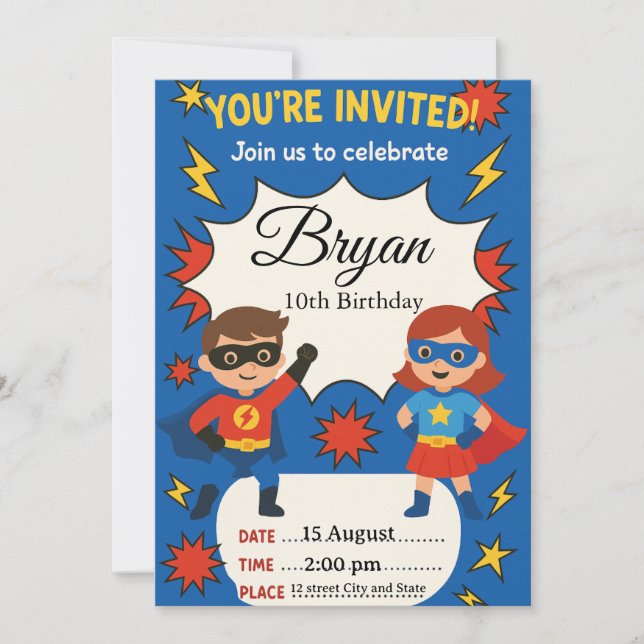 Convites Superhero Kids Birthday Invitation | Comic Style B (Frente)