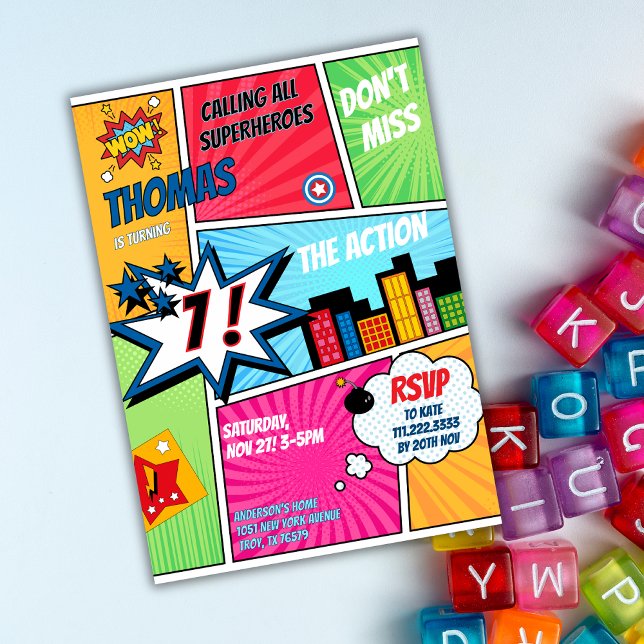 Convites Superhero Party Comic Book Birthday Photo (Criador carregado)