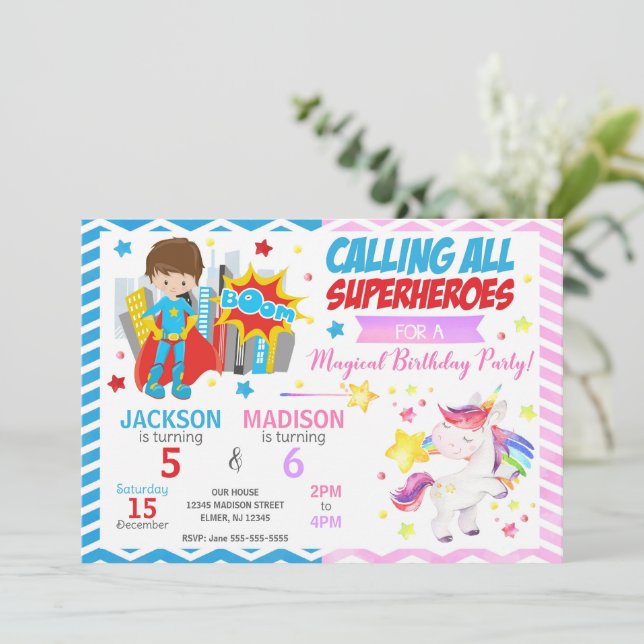 Convites Superhero & Unicorn Joint Birthday Invitation (Em pé/Frente)