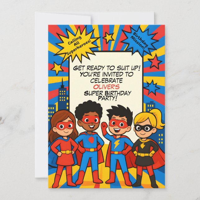 Convites Superheroes Birthday Invitation – Custom 5x7 Card (Frente)