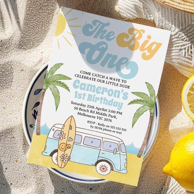 Convites Surf Amarelo Azul Grande Um primeiro aniversario (Surf Big One Birthday Invitation, The Big ONE Surfer First Birthday Invitation Template, Retro
)