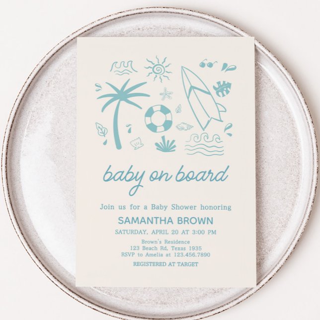 Convites Surf azul bebê no Chá de fraldas Conselho (Blue Baby on Board Baby Shower Invitation)