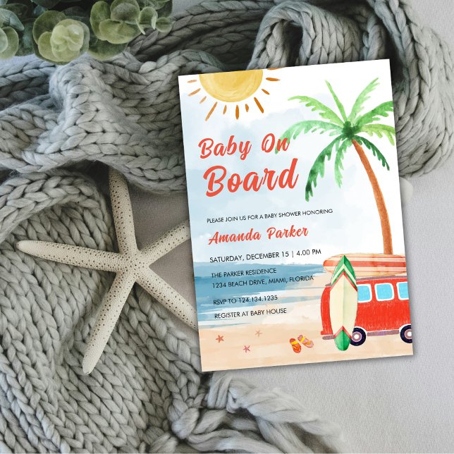 Convites Surf Beach Baby On Conselho Chá de fraldas (Surf Beach Baby On Board Baby Shower Invitation)