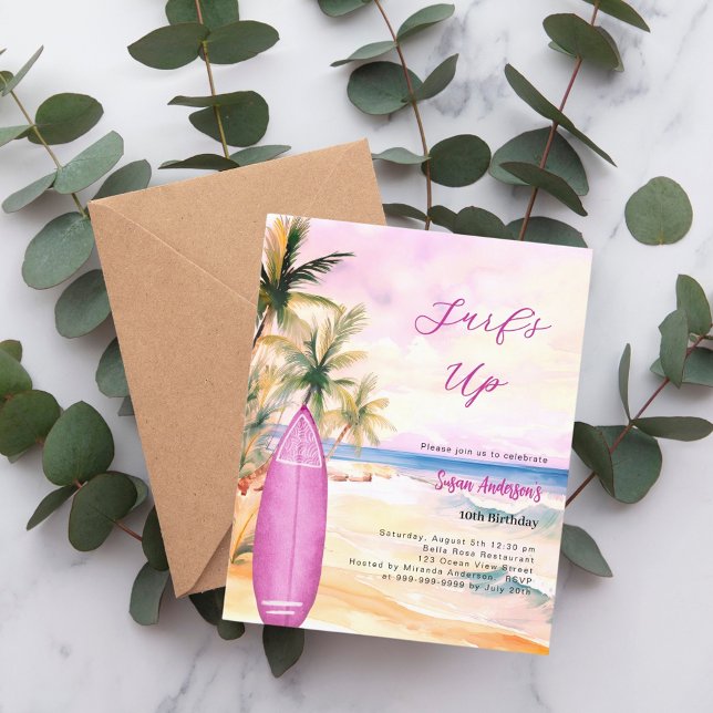 Convites Surf retro praça surfboard rosa aniversário (Criador carregado)