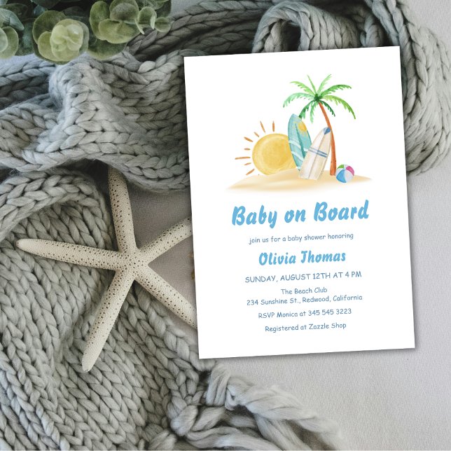 Convites Surfboards Sunshine Beach Palm Chá de fraldas (Surfboards Sunshine Beach Palm Tree Baby Shower Invitation)
