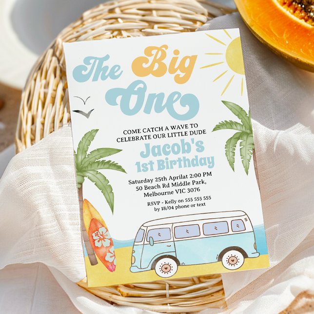 Convites Surfer Azul Laranja Retroativo O Grande primeiro a (The Big One Surf 1st Birthday Invitation Template, Beach Surf The Big One 1st Birthday Invitation, 
)