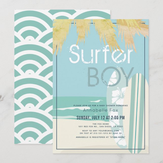 Convites Surfer Boy Surfboards Beach Chá de fraldas (Frente/Verso)