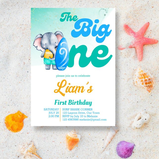 Convites Surfing tropical de verão no oceano de praia (The big one retro surfing cute baby elephant first birthday invitation template)