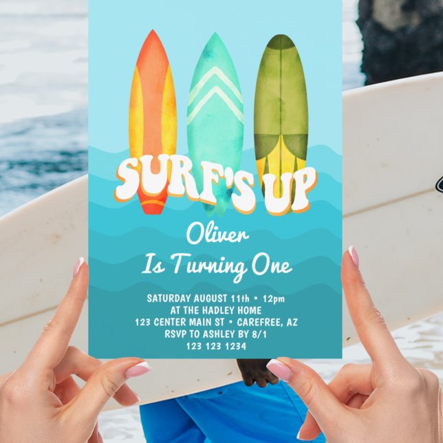 Convites Surfs Up Surfboard Kids primeiro aniversario (Criador carregado)