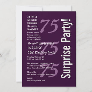 Convites SURPREE Moderno 75. º Aniversário Metálico Roxo