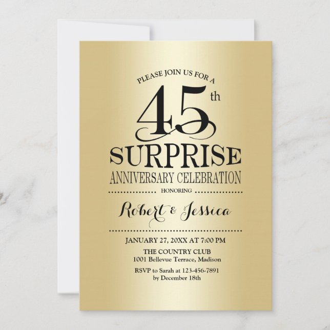 Convites Surpreenda no 45º Aniversário de Casamento - Ouro (Frente)