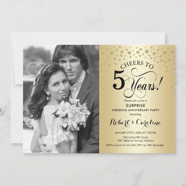 Convites Surpreenda no 5º aniversário com foto dourada e pr (Frente)