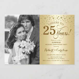 Convites Surpreenda o 25º Aniversário com Foto Gold Elegant