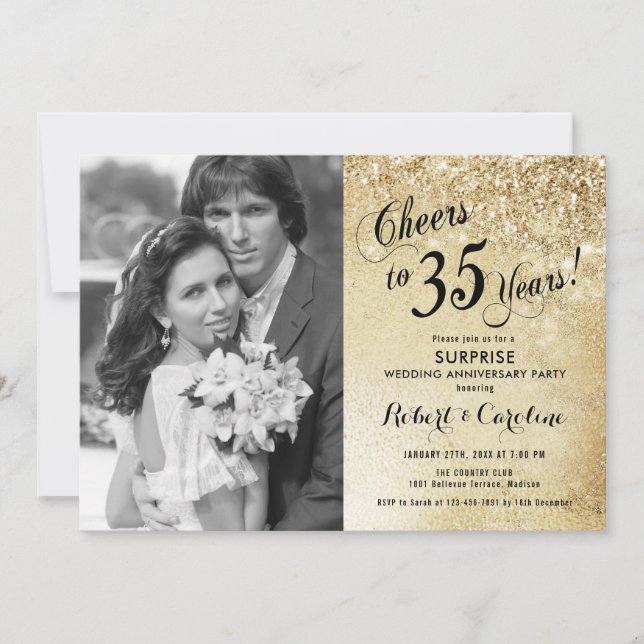 Convites Surpreenda o 35º aniversário com foto - Dourado (Frente)