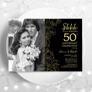 Convites Surpreenda o 50º Aniversário Com Foto em Ouro Pret