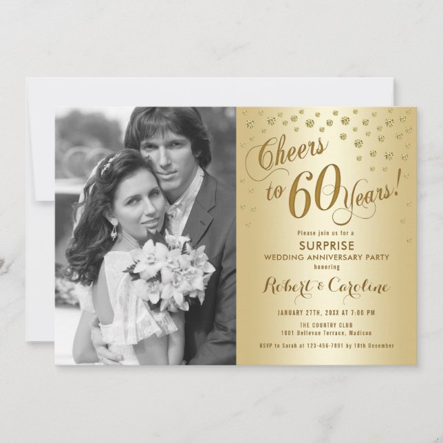 Convites Surpreenda o 60º Aniversário com Foto - Dourado (Frente)