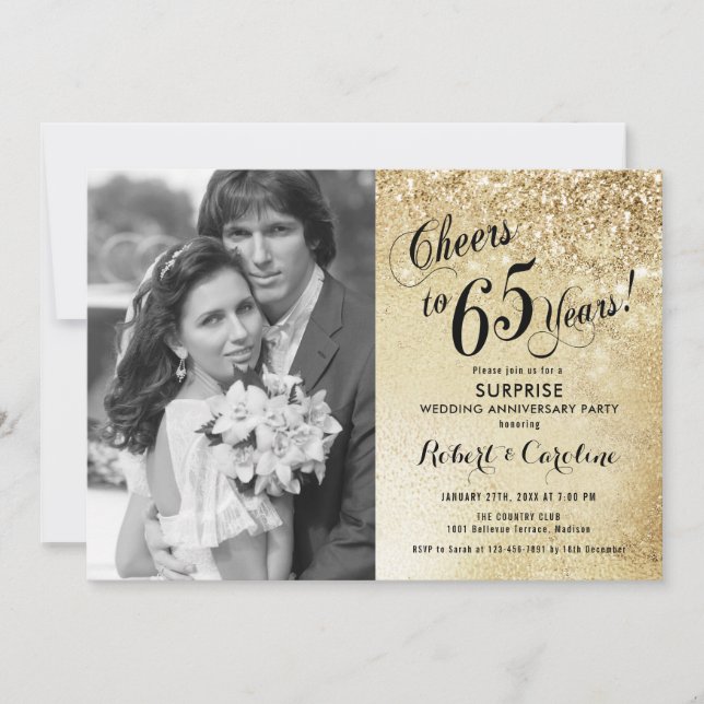 Convites Surpreenda o 65º Aniversário com Foto - Dourado (Frente)