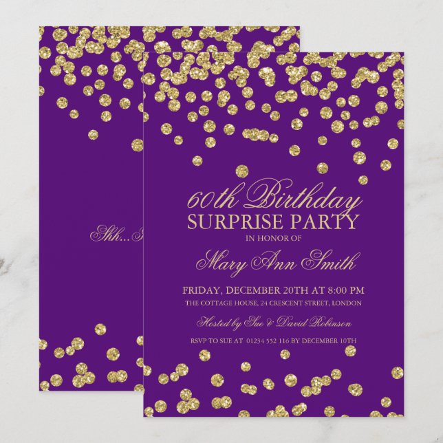 Convites Surpreenda o roxo Dourado do brilho do 60th (Frente/Verso)