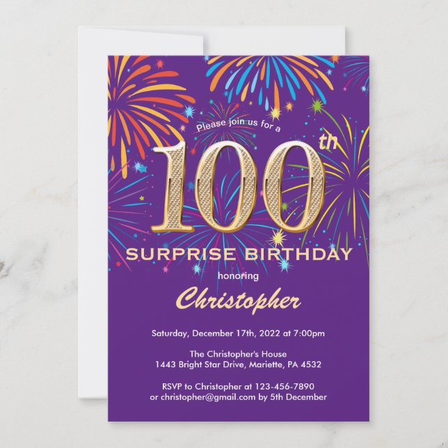 Convites Surpresa 100º Aniversário Roxo e Dourado (Frente)