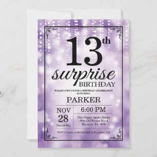 Convites Surpresa 13 de Aniversário Invocando Glitter Roxo