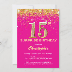 Convites Surpresa 15 de Aniversário Rosa Quente e Dourada G