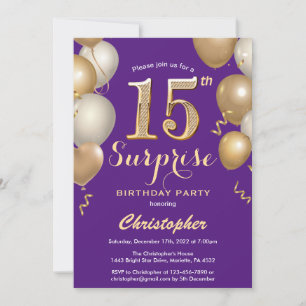 Convites Surpresa 15 de Aniversário Roxo e Balões Dourado