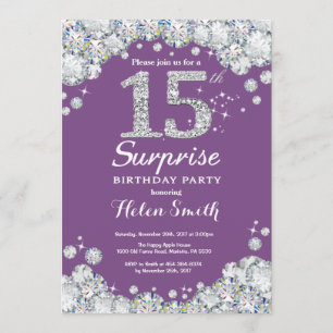 Convites Surpresa 15 de Aniversário Roxo e Diamante de Pra
