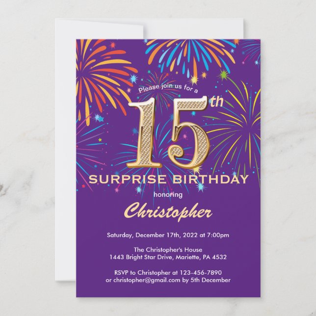 Convites Surpresa 15 de Aniversário Roxo e Dourado (Frente)