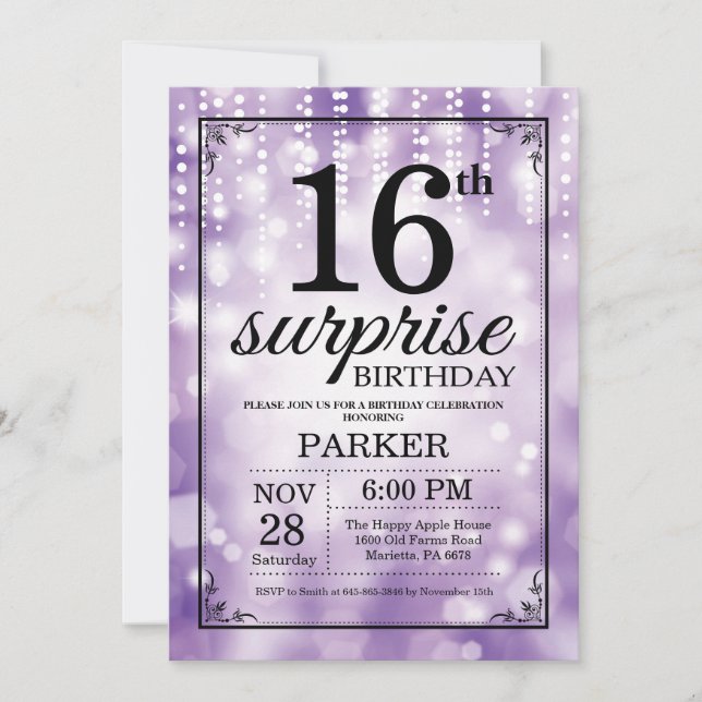 Convites Surpresa: 16º Aniversário com Glitter Roxo (Frente)