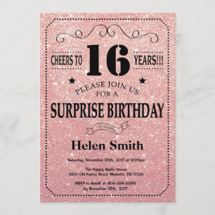 Convites Surpresa: 16º aniversário, Dourada Glitter Rosa 
