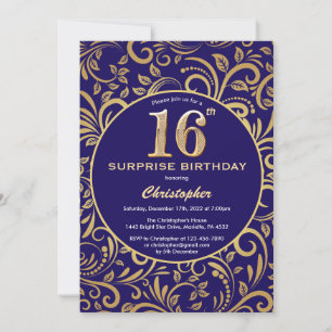 Convites Surpresa 16º Aniversário Marinho Azul e Dourado Fl