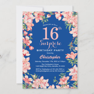 Convites Surpresa 16.º Aniversário Flores Cor-de-Rosa Azul
