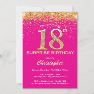 Convites Surpresa 18.º aniversário rosa quente e Dourada br