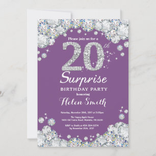 Convites Surpresa 20 de Aniversário Roxo e Diamante de Pra