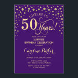 Convites Surpresa 50ª Festa de aniversário - Dourada roxa<br><div class="desc">Surpreenda o 50º Convite de aniversário. Design elegante em roxo real e ouro brilhante falso. Apresenta a fonte do script e os diamantes confetti. Anima-te a 50 anos! Envie-me uma mensagem se precisar de mais personalização.</div>