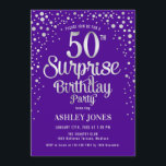 Convites Surpresa 50ª Festa de aniversário - Prata e roxo<br><div class="desc">Surpreenda o 50º Convite de aniversário. Design elegante em roxo real e prata brilhante falso. Possui fonte de script na moda e confetti. Envie-me uma mensagem se precisar de idade personalizada.</div>