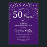 Convites Surpresa 50ª Festa de aniversário - Prata Roxa<br><div class="desc">Surpreenda o 50º Convite de aniversário. Design elegante em prata brilhante roxa e falso. Apresenta a fonte do script e os diamantes confetti. Anima-te a 50 anos! Envie-me uma mensagem se precisar de mais personalização.</div>