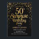 Convites Surpresa 50ª Festa de aniversário - Preta e Dourad<br><div class="desc">Surpreenda o 50º Convite de aniversário. Design elegante em ouro preto e brilhante. Possui fonte de script na moda e confetti. Envie-me uma mensagem se precisar de idade personalizada.</div>
