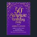 Convites Surpresa 50ª Festa de aniversário - Roxo e Dourado<br><div class="desc">Surpreenda o 50º Convite de aniversário. Design elegante em roxo real escuro e ouro brilhante falso. Possui fonte de script na moda e confetti. Envie-me uma mensagem se precisar de idade personalizada.</div>