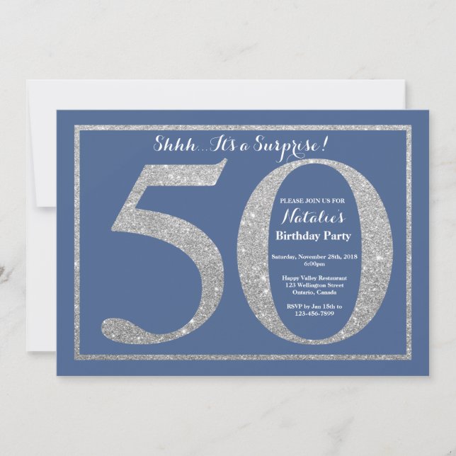 Convites Surpresa: 50º Aniversário Azul e Silver Glitter (Frente)